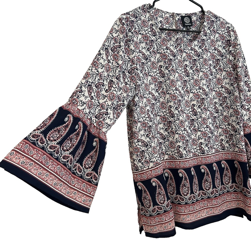 Bobeau Boho Blouse Sz XL Paisley Print Flare Sleeve Floral Bohemian Flowy Artsy
